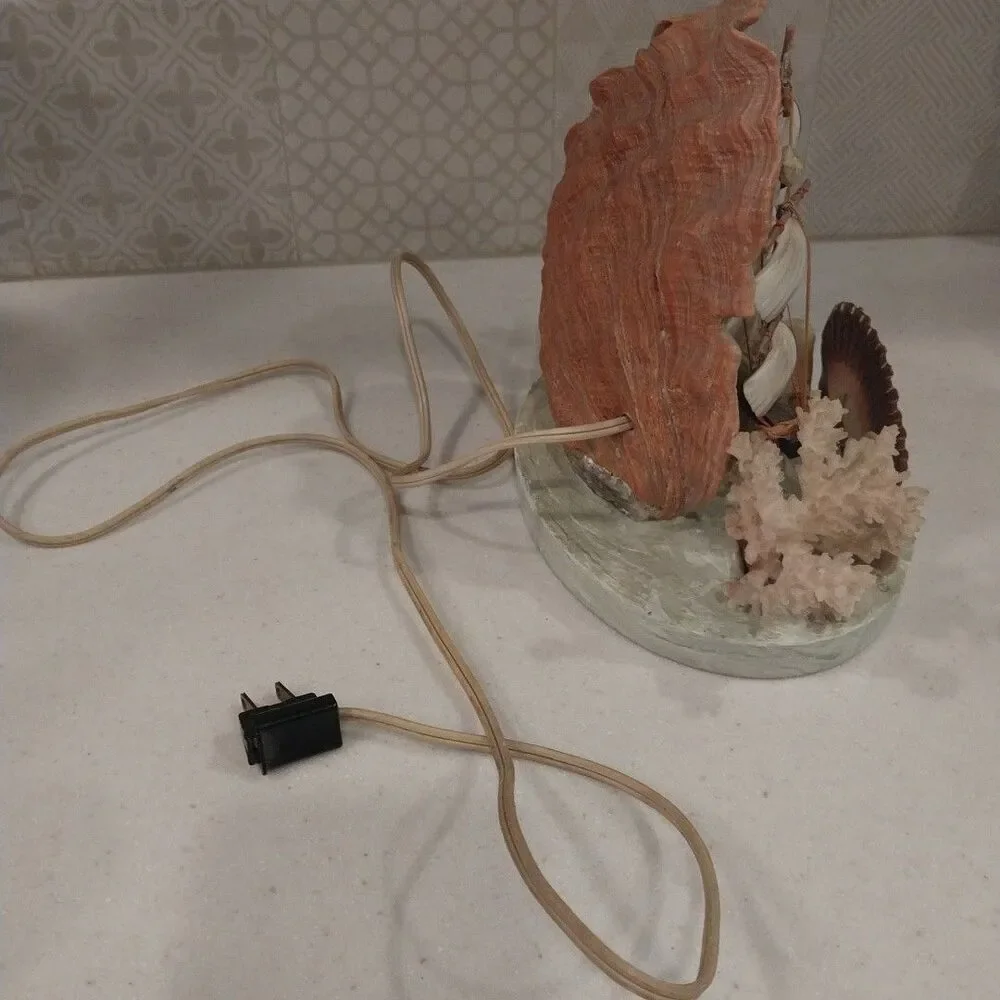 Vintage Abalone Shell Sailboat Lamp Handmade Nautical Coastal Coral Light Decor